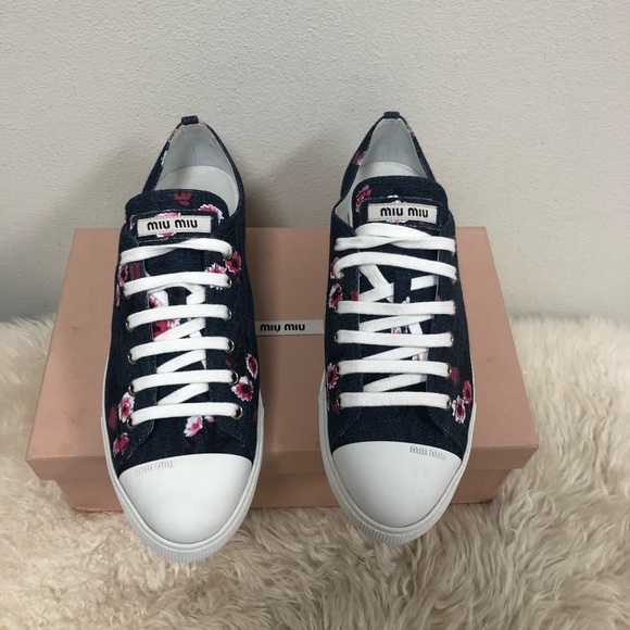 Miu Miu Floral Denim lace up sneakers trainers 39 - Picture 2 of 8